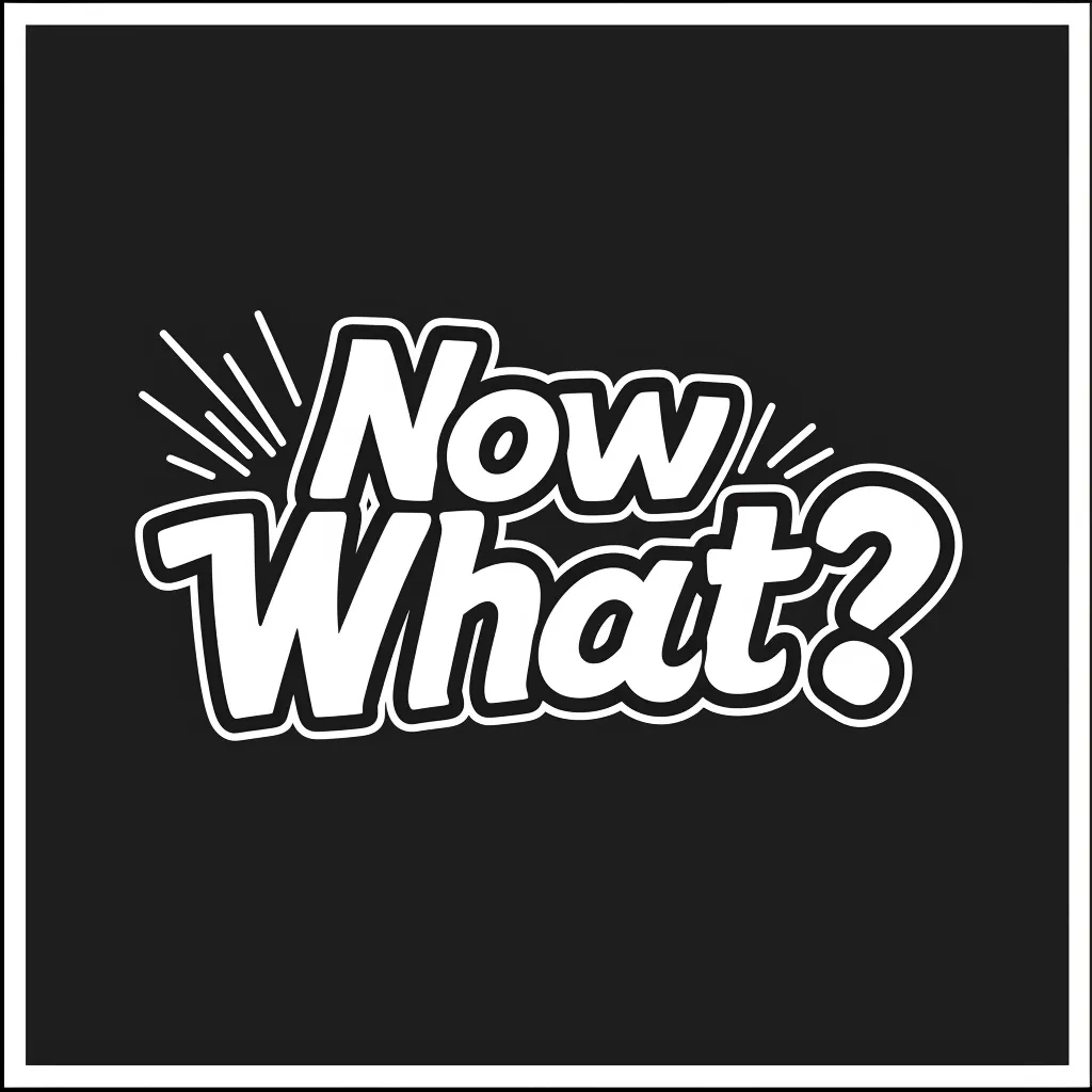 The image is a simple graphic design featuring the phrase "Now What?" in bold, white letters against a black background. The letters are stylized with a slight cartoonish effect.  A small starburst effect appears above the word "Now."  The overall design is simple and eye-catching.