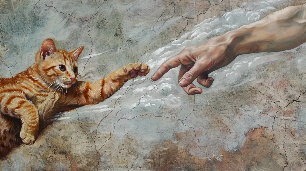 The image is a humorous parody of Michelangelo's "The Creation of Adam" painting.  Instead of God and Adam reaching for each other, it depicts a ginger cat and a human hand reaching out, their fingertips almost touching. The background is a cracked and textured wall, suggesting an aged and weathered canvas. The image plays with the iconic artwork, highlighting the playful and often silly nature of human-animal interactions.