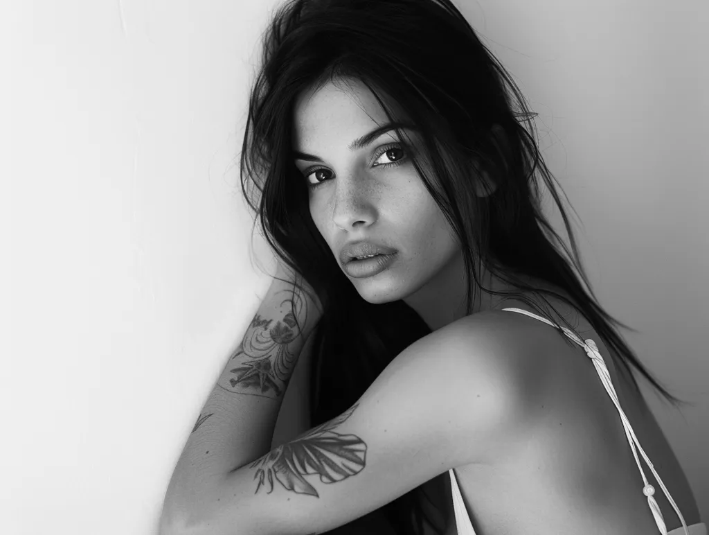 A woman with long dark hair and a tattoo on her arm leans against a white wall. She looks directly at the camera with a pensive expression. Her skin is smooth and her hair is tousled. The photo is in black and white, creating a stark and dramatic contrast.