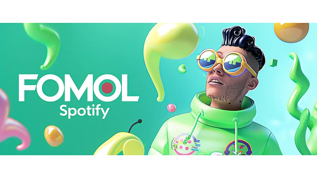 The image is a colorful and vibrant advertisement for Spotify's FOMO (Fear of Missing Out) campaign. It features a cartoon character with green hair and oversized sunglasses, wearing a green hoodie with a Spotify logo. The background is filled with colorful, abstract shapes and designs.  The image is designed to be eye-catching and energetic, reflecting the excitement and energy of the FOMO campaign.  The word "FOMO" is prominently displayed in large, white letters on a green background, along with the Spotify logo.
