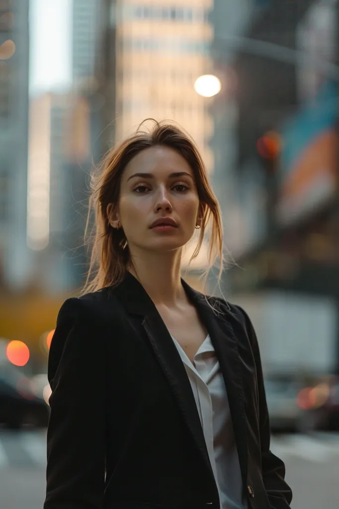 A young woman with long brown hair stands in a city street, looking directly at the camera. She is wearing a black blazer over a white shirt. The city background is blurred, creating a sense of depth and intimacy. The woman's expression is serious and thoughtful.  The image evokes a feeling of confidence and strength.