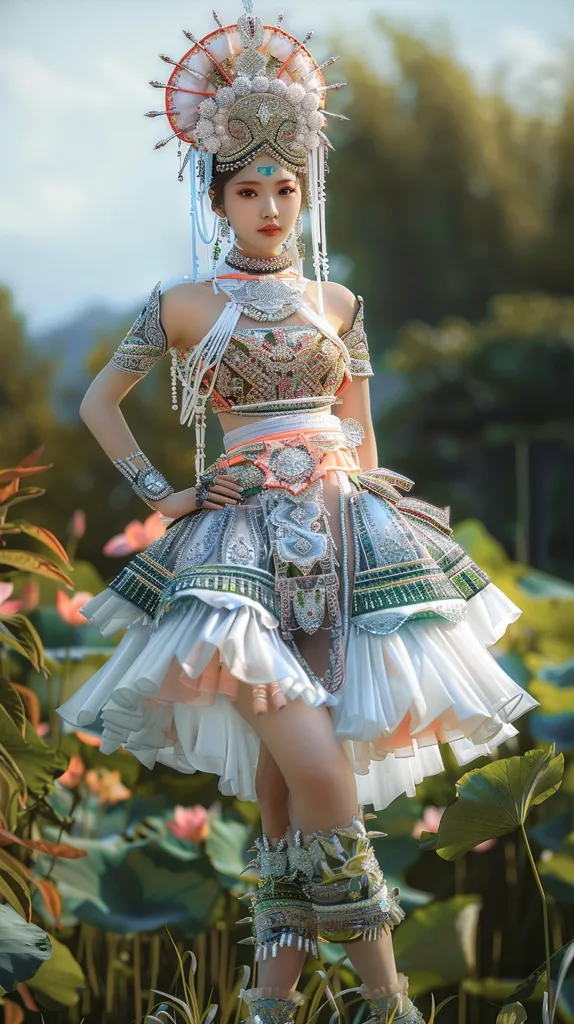 A young woman in a lavish, ornate costume stands amidst a lush garden, her  expression serious. Her head is adorned with a large, elaborate crown, and her outfit features layers of shimmering fabric and intricate beadwork. The costume is a mix of traditional and futuristic styles, creating a visually striking and unique look.  She stands in a garden with large green leaves, her feet are clad in matching embellished footwear. The image is a blend of fantasy and reality, showcasing the beauty and artistry of costume design.