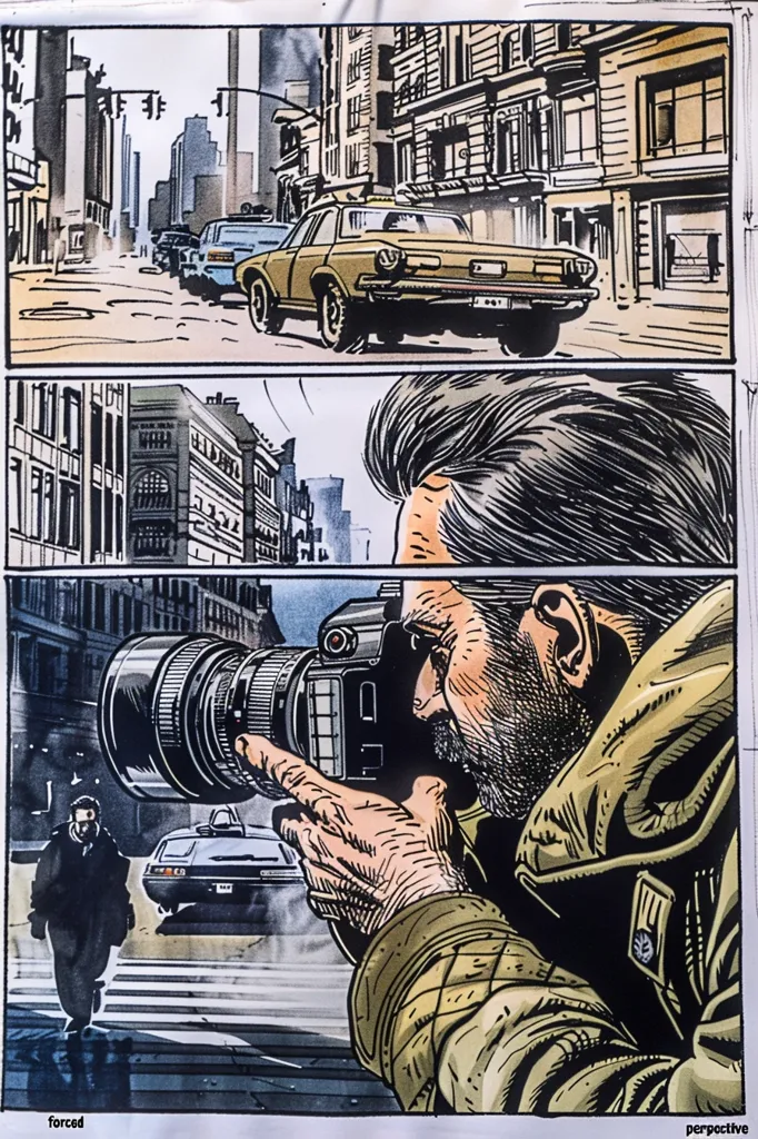 The image is a comic book panel depicting a man in a brown jacket taking a photo with a large camera. The scene is set in a city street with tall buildings and a car driving away in the background. The man's expression is focused as he captures the moment. The panel is drawn in a realistic style with strong lines and detailed shading.  The words "forced perspective" and "forced" are written at the bottom of the image.