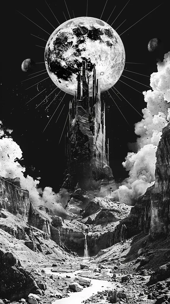 The image is a black and white, surreal depiction of a tall, jagged structure towering over a barren landscape. A large, full moon dominates the upper portion of the image, while a smaller moon appears in the distance. The structure is situated in a valley between mountains, with a waterfall flowing down the side of one of the mountains. The landscape is covered in dust and debris, giving the impression of an abandoned or desolate world. The overall mood of the image is one of mystery and otherworldly isolation.