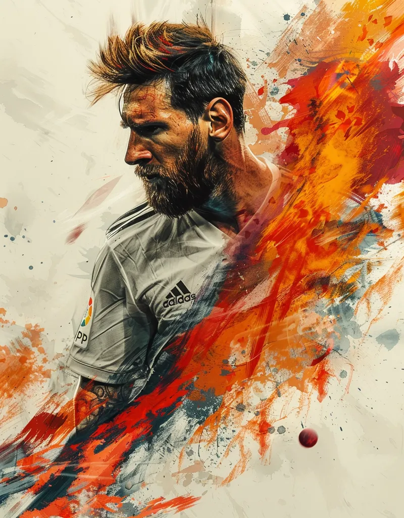 The image is a digital painting of Lionel Messi, a famous Argentine footballer, with his face turned in profile. He is wearing a soccer uniform with an Adidas logo on the chest. His face is obscured by a burst of vibrant colors in the style of watercolor, with splashes of orange, red, and blue.