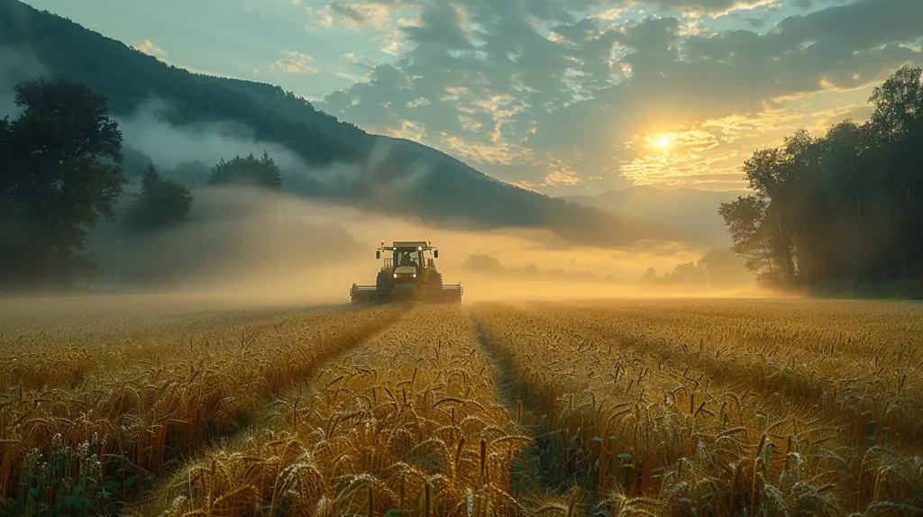 A lone tractor drives through a field of wheat at sunrise. The morning mist hangs low in the air, creating a dreamy atmosphere.  The sun peeks over the distant hills, casting long shadows across the landscape.  The scene is one of peace and quiet, highlighting the beauty of nature and the hard work of farmers.