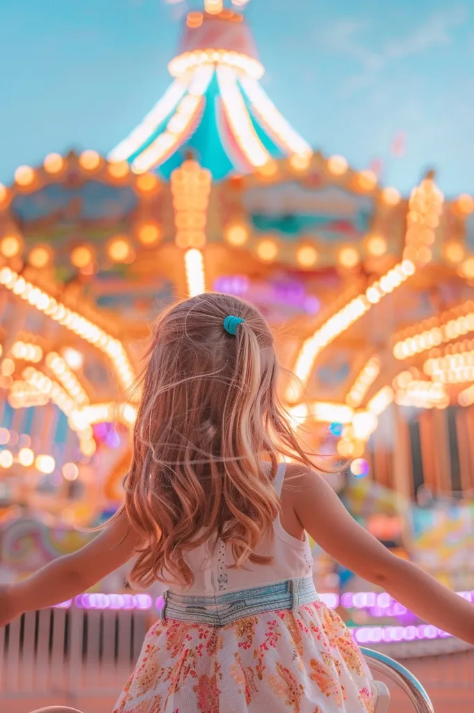A young girl with long blonde hair, wearing a floral dress and a blue hair tie, stands in front of a brightly lit carousel. The carousel is blurred in the background, creating a dreamy and whimsical atmosphere. The girl appears to be looking at the carousel with a sense of wonder. The image evokes a sense of childhood innocence and joy.