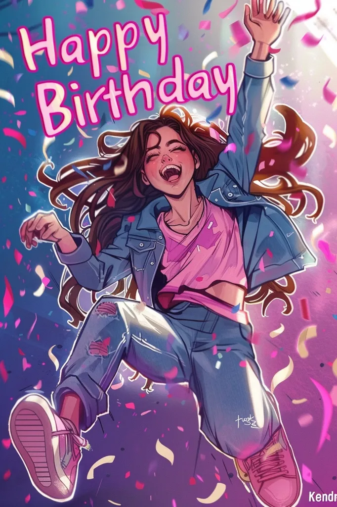 The image is a birthday card featuring a young woman with long brown hair jumping in the air with her arms outstretched. She's wearing ripped jeans, a pink shirt and a blue denim jacket. She's surrounded by confetti and the words "Happy Birthday" are in large, pink letters. The background is a blurred purple and blue.  She has a big smile on her face.