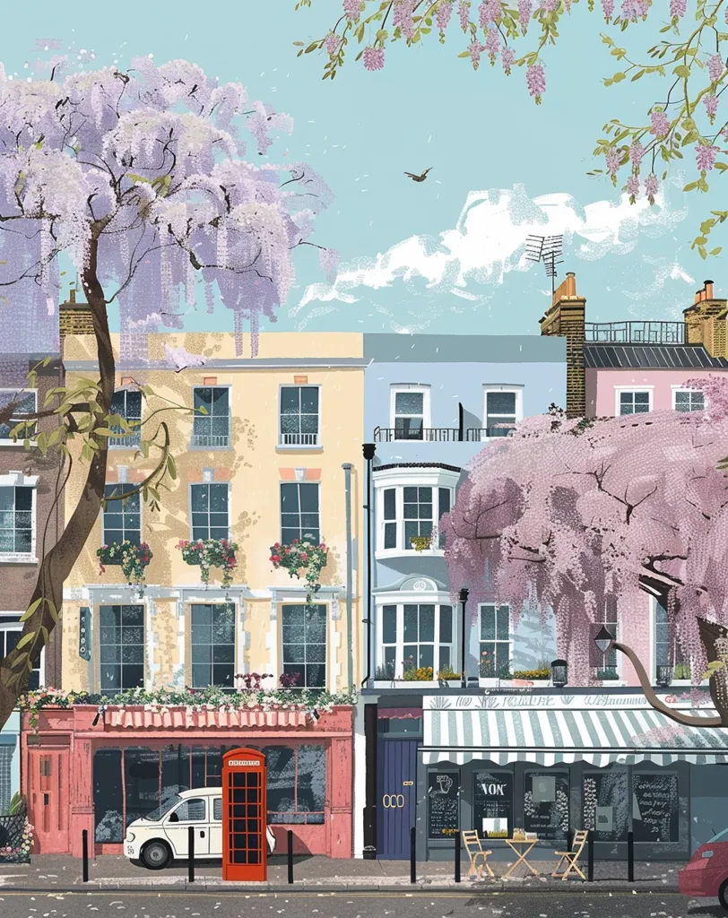 A charming street scene in London, England. Three colorful townhouses are lined with blooming wisteria trees, adding a touch of whimsy to the bustling city.  The buildings feature windows, flower boxes, and a striped awning over a small cafe with tables and chairs.  A red telephone booth stands near a white van, adding a classic British element.  The illustration captures a delightful blend of urban life and springtime beauty.