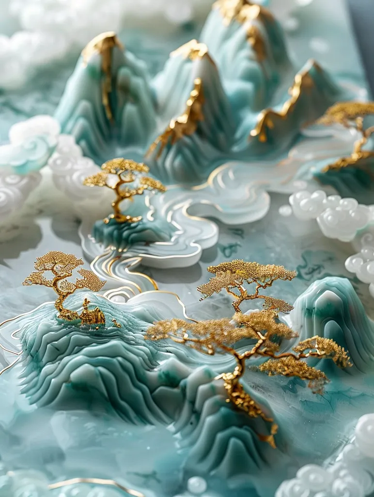 The image depicts a detailed 3D ceramic artwork resembling a mountainous landscape. Lush, layered green mountains are intricately sculpted, with golden accents and a delicate touch of white clouds. The artwork is reminiscent of traditional Chinese landscape painting, capturing a serene and tranquil scene.