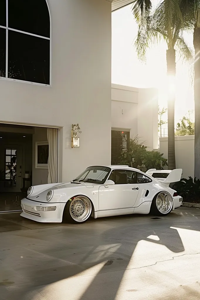 A pristine white Porsche 911 Turbo sits in front of a modern, white house with a garage door open. The car's sleek lines and large wheels stand out against the bright white backdrop. Palm trees and a bright sun create a warm, tropical setting.  Sunlight streams through the open garage door and across the concrete driveway, casting long shadows.  The image exudes luxury and a sense of calm, with the car seemingly ready for a drive.