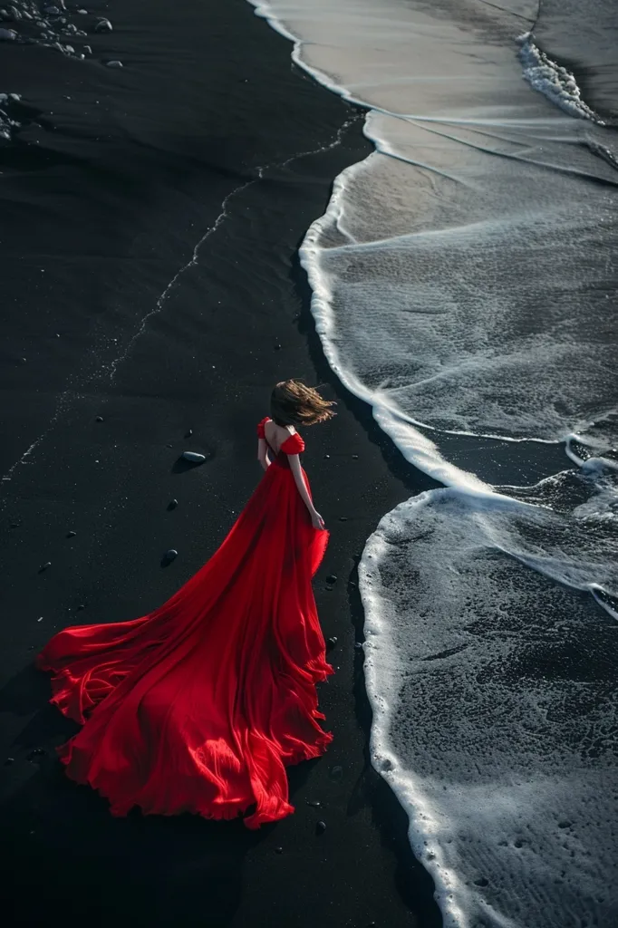 A woman in a flowing red dress walks along a black sand beach, the white waves of the ocean lapping at the shore beside her. The contrast of the black sand and the white waves creates a striking visual, while the red dress adds a vibrant pop of color. The scene evokes a sense of mystery and beauty, as if the woman is on a solitary journey.