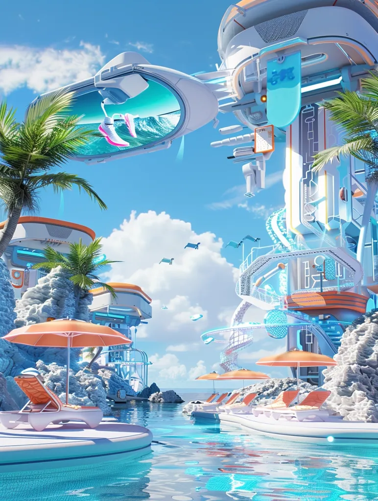 A futuristic resort with a swimming pool, palm trees, and futuristic buildings. Loungers and umbrellas are placed around the pool, and a large white structure with a window showing a pair of pink shoes floating in the waves sits above the pool. There are white clouds in the blue sky, and birds are flying in the distance. The resort has a bright, modern feel.