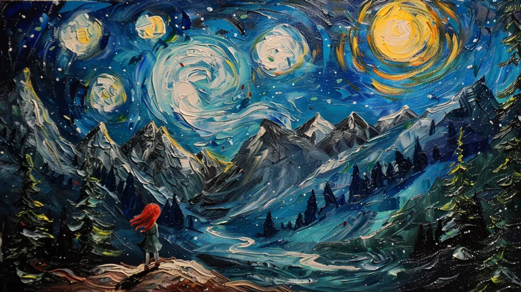 The painting depicts a starry night scene with a swirling sky filled with white and yellow stars, including a large, bright yellow sun. A small, red-haired woman stands in the foreground, looking up at the sky, with a mountain range and dark, green trees in the background. The painting is done in a thick, impasto style, giving the surface a textured and three-dimensional appearance.