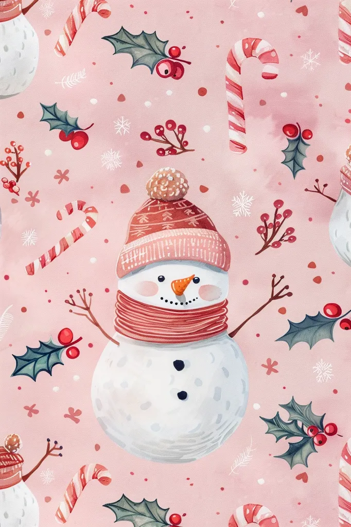 A cheerful snowman with a red hat and scarf stands on a pink background.  Holly, candy canes, and red berries are scattered around him, creating a festive winter scene. The artwork is painted in a watercolor style, adding a whimsical touch. The snowman's smiling face suggests a happy and festive mood.