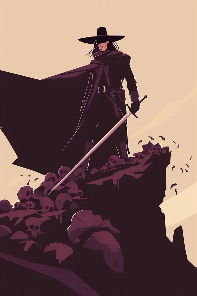 A silhouetted figure, dressed in black with a wide-brimmed hat and a sword, stands on a pile of skulls. Bats fly overhead, adding to the dark and mysterious atmosphere. The figure's posture suggests power and a sense of danger, emphasizing their role as a grim reaper-like figure. The image evokes a feeling of death, darkness, and the unknown.