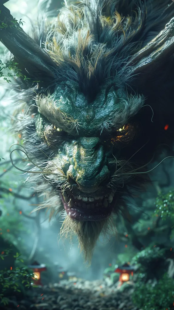 A close-up shot of a green dragon's face, with sharp teeth and piercing yellow eyes. Its snout is pointed, and its long whiskers are visible. The dragon is shrouded in a green mist, with the blurry outline of a forest in the background, suggesting a mystical or magical setting. The image evokes a sense of power and mystery.