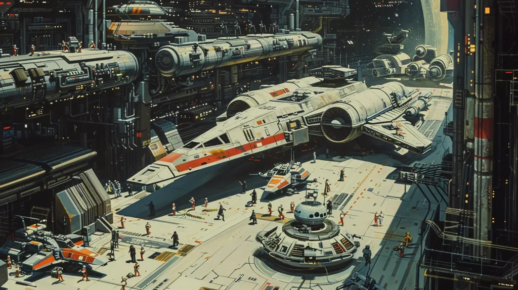The image depicts a futuristic spaceport with several spacecraft docked. A large spaceship with a red stripe and a large engine is in the foreground. Smaller spaceships and figures are scattered across the landing platform. The scene is dominated by metallic structures and an expansive, dark backdrop. The image suggests a bustling spaceport with an active flow of traffic.