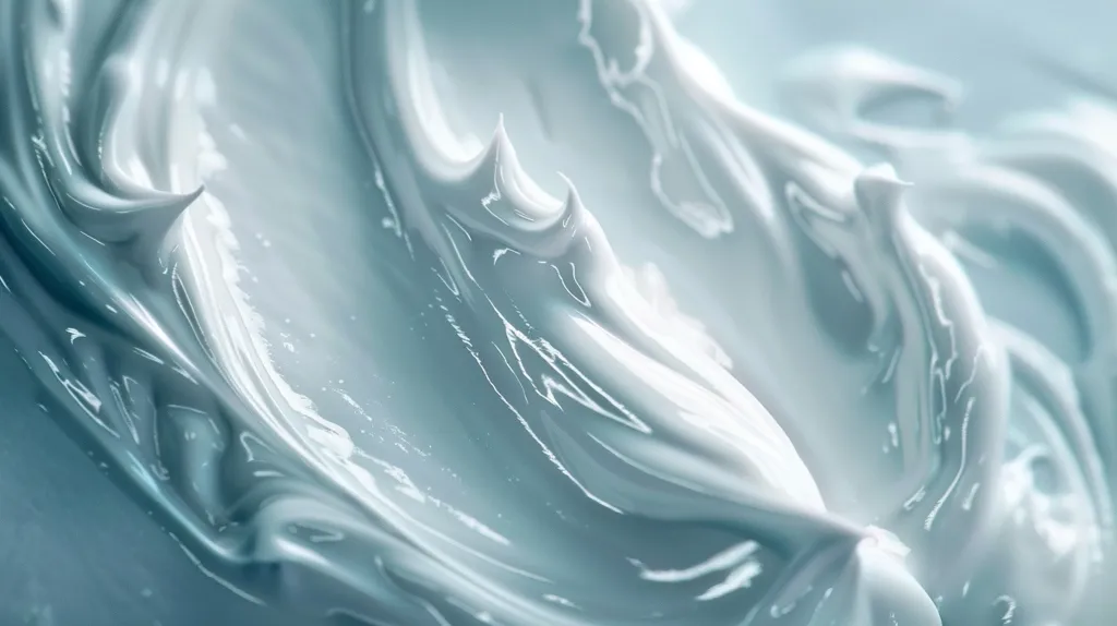 The image shows a close-up of a smooth, white cream with a soft, cool blue hue. The cream has been swirled and folded, creating a textured, abstract design. The light reflects off the surface, emphasizing the cream's smooth and luxurious quality.