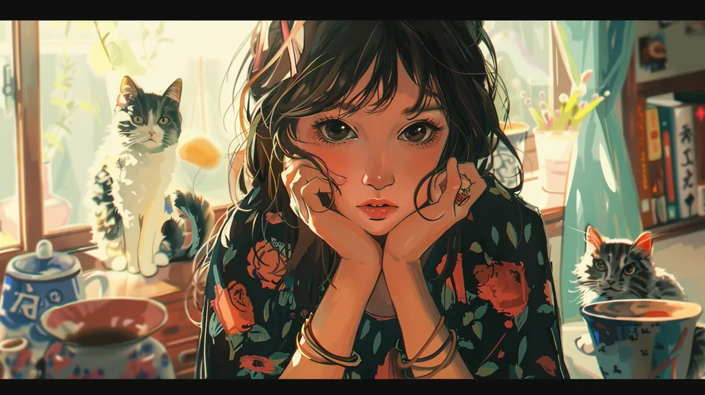 A young woman with long dark hair is sitting at a table, her chin resting on her hands. She is wearing a dark floral dress and has large, expressive eyes. A black and white cat sits on a windowsill behind her, and another cat sits on the table next to a blue teacup. The scene is bathed in warm, golden light. The woman's expression is serene and thoughtful.  There are bookshelves and plants in the background, suggesting a cozy and domestic setting.