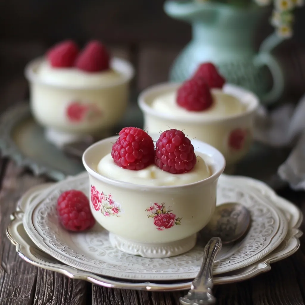 Three small white bowls with floral patterns hold creamy white dessert topped with fresh raspberries. The bowls are on a rustic wooden table with a silver and white saucer. A blurry, green pitcher is in the background. The image has a warm and inviting feel.