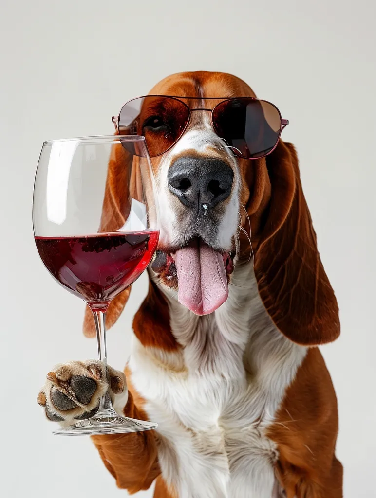 A basset hound dog wearing sunglasses holds a glass of red wine with its paw, looking directly at the camera with a playful expression. The dog is light brown and white, with long floppy ears. The background is a simple white.