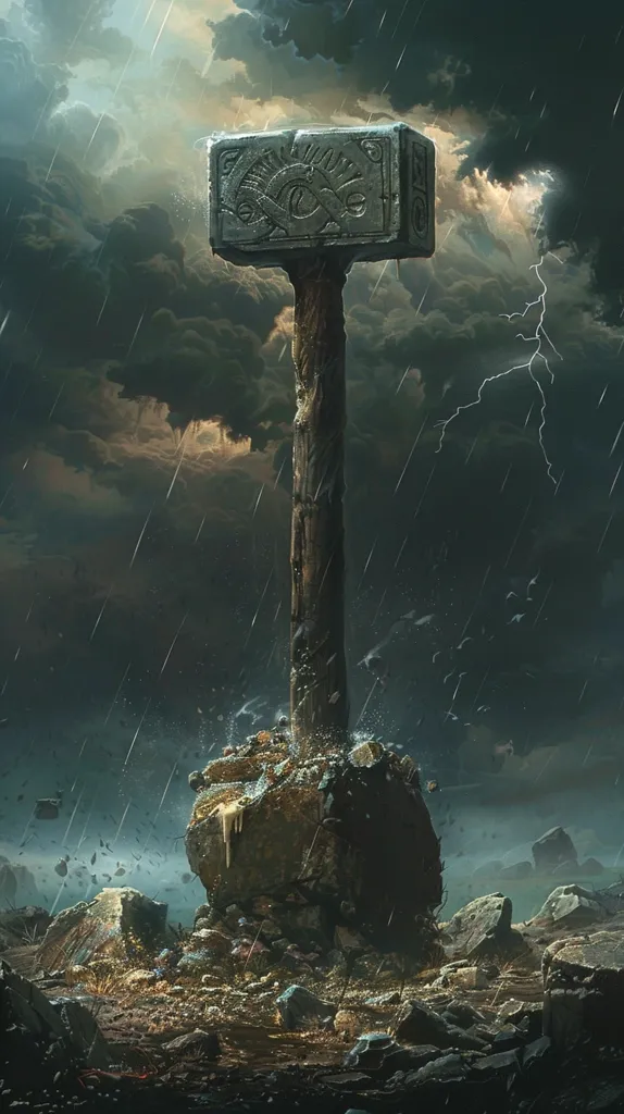 A large, stone hammer with intricate carvings is embedded in a rocky ground. The sky is dark and stormy, with rain falling and lightning flashing. The hammer stands tall and imposing, a symbol of power and strength in the face of adversity. The scene is evocative of a mythical or fantastical world.