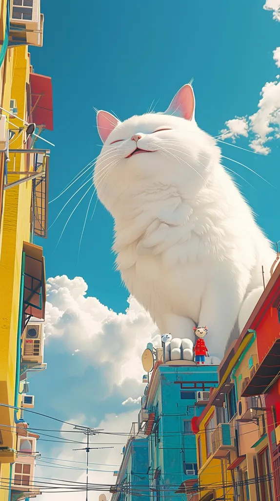 A giant white cat with pink ears sits on top of a building, its paws resting on the roof.  The cat has a wide, contented smile and its whiskers extend towards a bright blue sky.  The cat towers over colorful buildings and a tiny human figure standing on the roof. Clouds drift in the blue sky, adding to the whimsical scene.