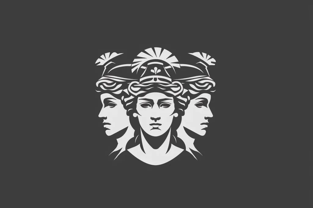 The image is a black and white illustration of three female faces in profile, each wearing a helmet with a single feather. The faces are arranged in a triangle, with the center face looking forward and the two outer faces looking to either side. The image evokes a sense of strength and power. The image is minimalist, with no background details. The artwork uses strong lines and simple shapes to create a visually impactful and memorable design.