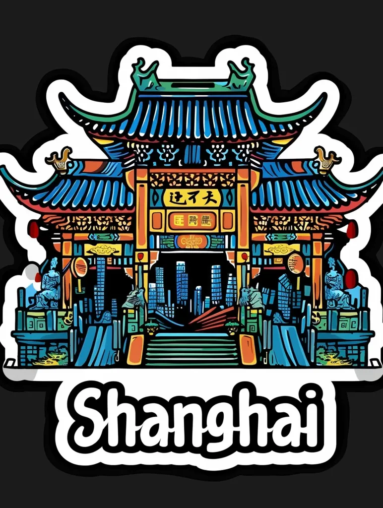 The image is a sticker of a traditional Chinese temple with a vibrant and detailed design. The temple is depicted in a colorful style, with blue, red, yellow, and green hues. The temple has multiple tiers and a curved roof, with a large inscription in Chinese characters above the entrance. The sticker is set against a black background with the word "Shanghai" prominently displayed below the temple. The image conveys a sense of cultural heritage and vibrant city life.