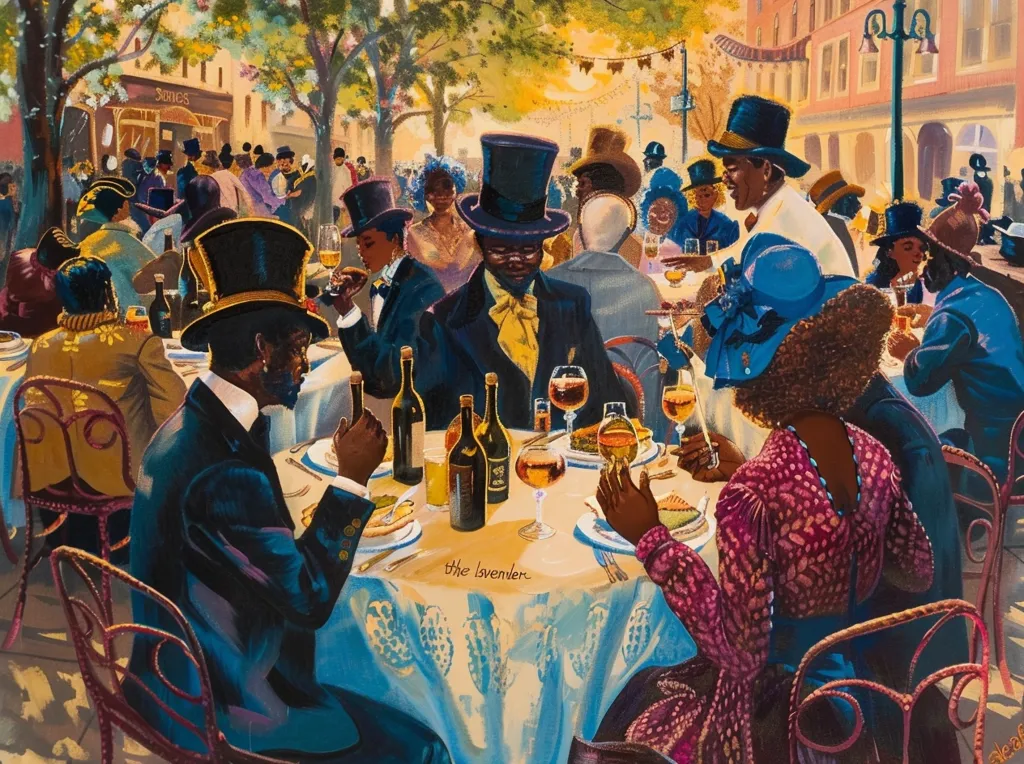 The painting depicts a group of elegantly dressed Black people seated at a table outside a cafe. They are enjoying a meal and drinks, with wine glasses and bottles on the table. The scene is vibrant and lively, with bright colors and a warm atmosphere. The men wear top hats and suits, and the women are dressed in fashionable attire. The setting is a bustling street, with trees lining the sidewalks and buildings in the background. The artwork portrays a sense of community and celebration.