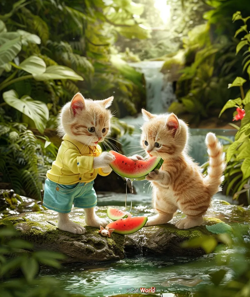 Two adorable kittens, one in a yellow shirt and blue shorts, the other in its natural fur, stand on a mossy rock by a small creek. The kitten in the shirt is holding out a slice of watermelon, which the other kitten is happily taking a bite from.  The scene is a whimsical depiction of two friends sharing a summer treat in a lush, green forest.  The small waterfall adds to the charm of the image.