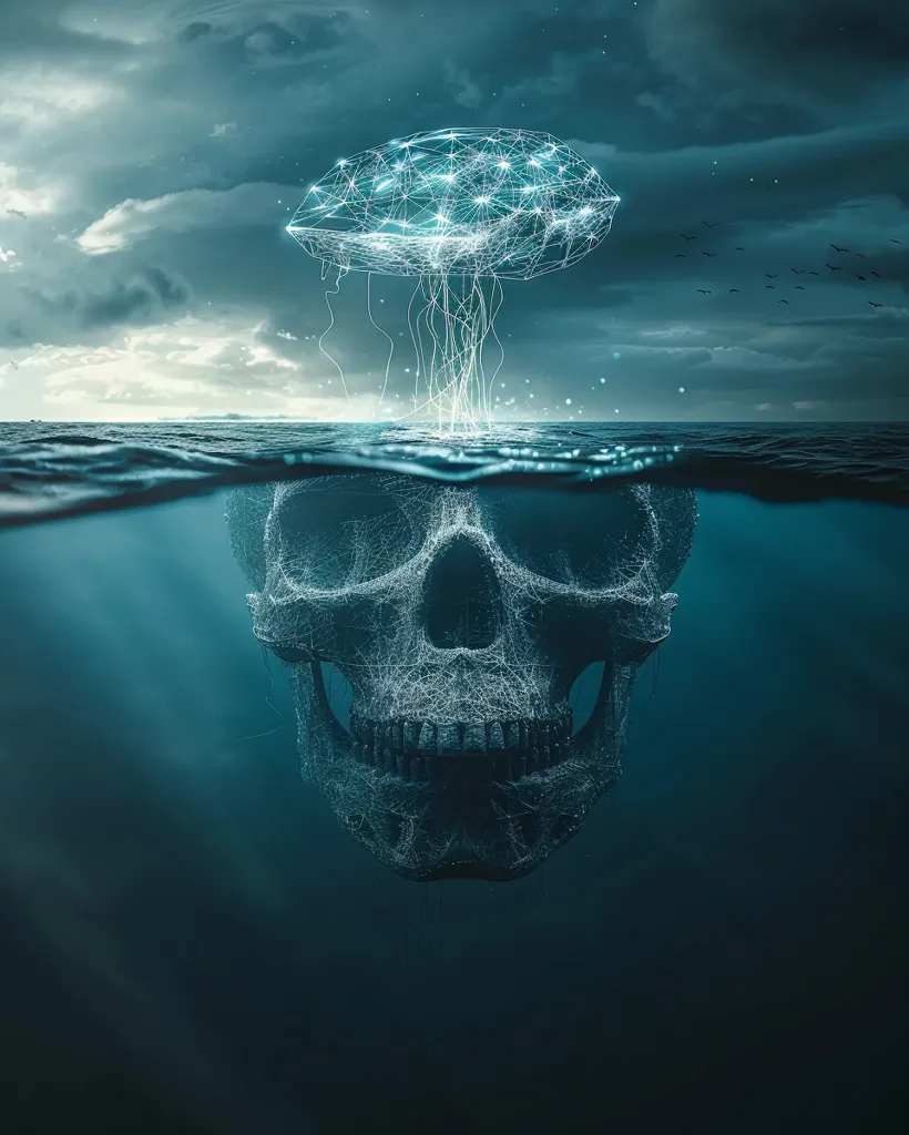 A skeletal skull covered in a web of glowing blue lines sits submerged in a dark blue ocean. Above the waterline, a glowing, jellyfish-like object composed of a network of light pulses hangs in the air. The sky is cloudy and ominous. The image evokes a sense of mystery and the unknown.