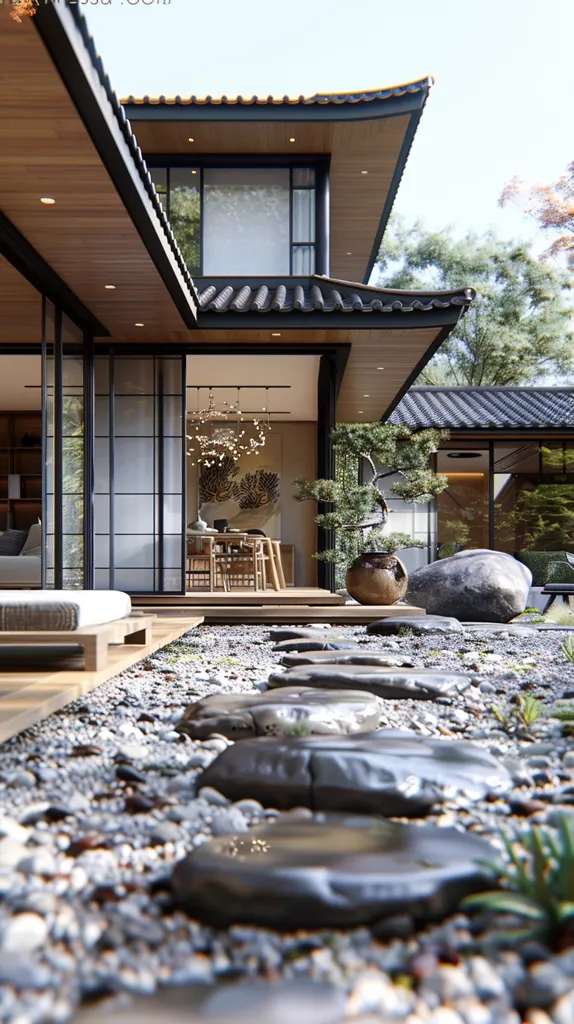 The image shows a modern Japanese-style house with a stone path leading to the entrance. The path is made of flat stones placed in a gravel garden. A bonsai tree sits in a pot on the right side of the image, adding a touch of traditional Japanese aesthetics. The house features a spacious interior with large windows, allowing natural light to flood in. The overall image exudes tranquility and harmony, evoking a sense of peaceful serenity.