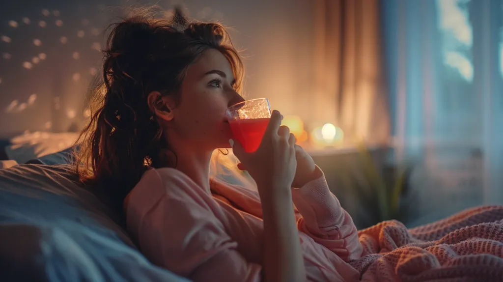 A woman with long dark hair lies in bed, drinking from a glass of red liquid. The room is dimly lit, with warm light coming from a window behind her. She is wearing a pink robe and the bed is covered in a soft, pink blanket. The woman looks peaceful and relaxed, perhaps enjoying a moment of quiet before sleep.