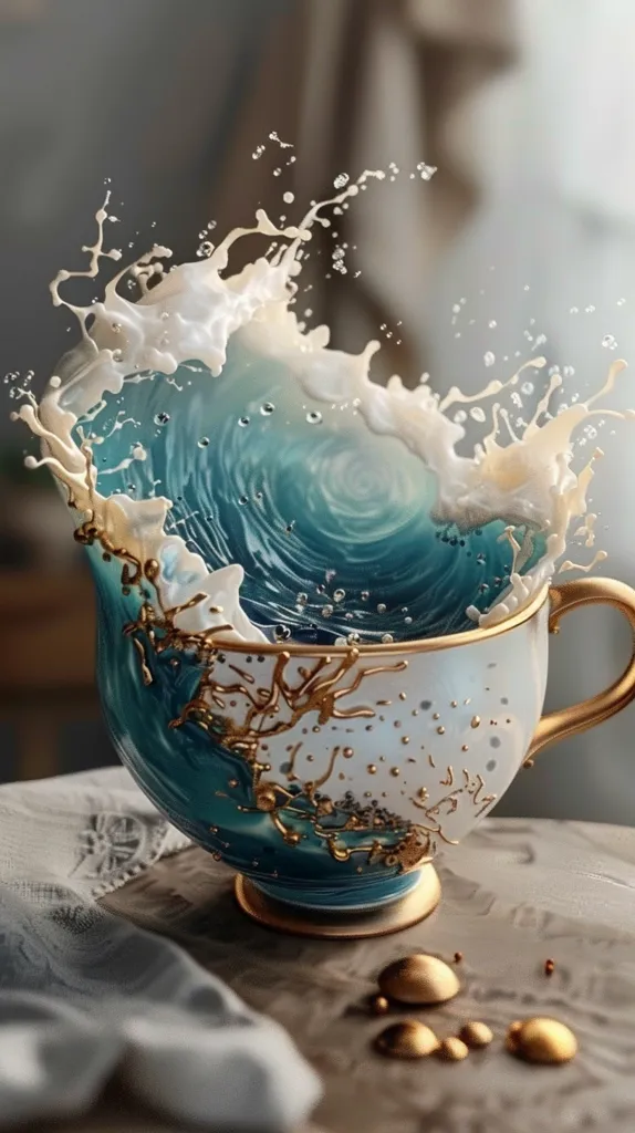 A white teacup with gold accents is filled with a swirling blue liquid that resembles a miniature ocean wave. The liquid splashes outwards, creating a dramatic effect. The teacup sits on a wooden table with a white cloth and gold droplets scattered around it. The image captures a whimsical and surreal moment of liquid artistry.