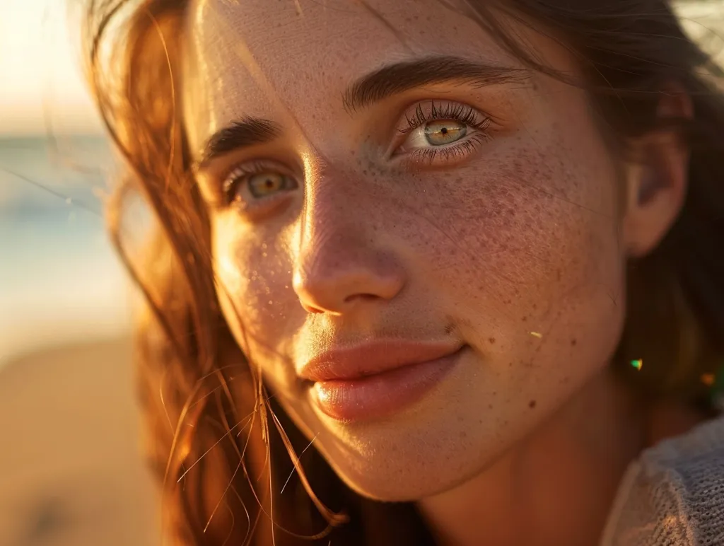 A close-up portrait of a young woman with long brown hair. The sun casts a warm glow on her face, highlighting her freckles and the light reflecting in her eyes. Her expression is soft and gentle, with a hint of a smile.  The image conveys a sense of natural beauty and tranquility.