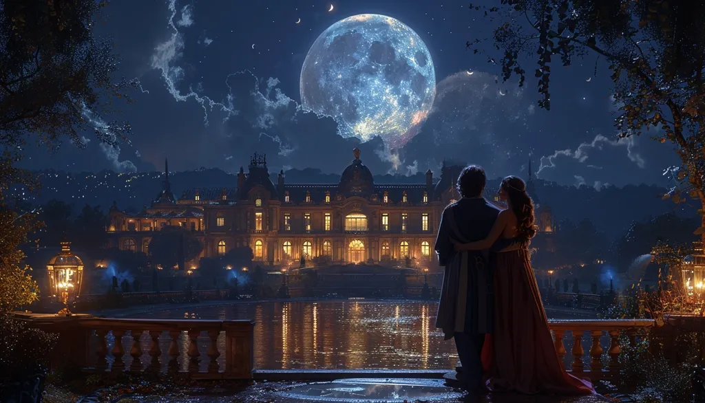 A couple stands embraced, silhouetted against a grand, illuminated chateau. They gaze out at a serene reflecting pool, lit by the soft glow of the moon, which hangs large and full in the night sky. Stars twinkle overhead, adding to the romantic atmosphere. The couple's silhouettes, the chateau, and the moon create a picturesque scene of elegance and tranquility.