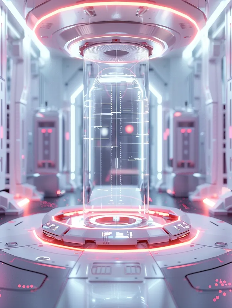 The image shows a futuristic, sterile lab setting. A large, clear cylindrical chamber is suspended in the center of a circular platform. The chamber is surrounded by a glowing red ring, and the platform is illuminated with soft, white light. The chamber appears to be filled with a swirling blue liquid, creating an ethereal effect. The room is devoid of human presence, enhancing the sense of otherworldly technology and scientific experimentation.