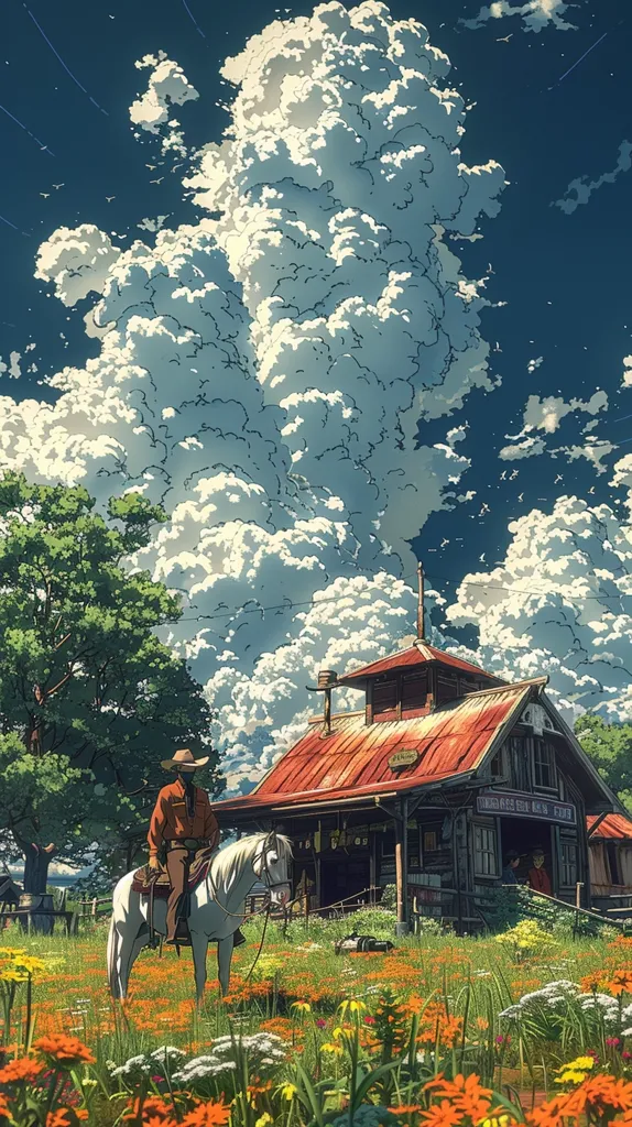 A lone cowboy on a white horse rides through a field of wildflowers towards a weathered wooden barn with a red roof. The sky is filled with fluffy white clouds, and the scene is bathed in warm sunlight. The cowboy's hat casts a shadow over his face, and the barn has a weathered sign that reads "General Store." The overall scene evokes a feeling of tranquility and solitude in the American West.