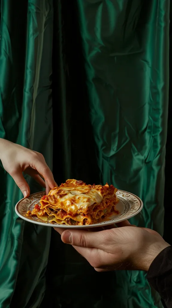 A hand holds a plate of freshly baked lasagna in front of a deep green velvet backdrop. The lasagna is layered with cheese and sauce, with a golden brown crust. The hand is reaching towards the camera, as if offering the delicious meal.  The green velvet creates a luxurious and elegant background.  The warm glow of the lasagna contrasts with the cool green of the fabric.  The image is a still life, capturing a moment of anticipation and pleasure.