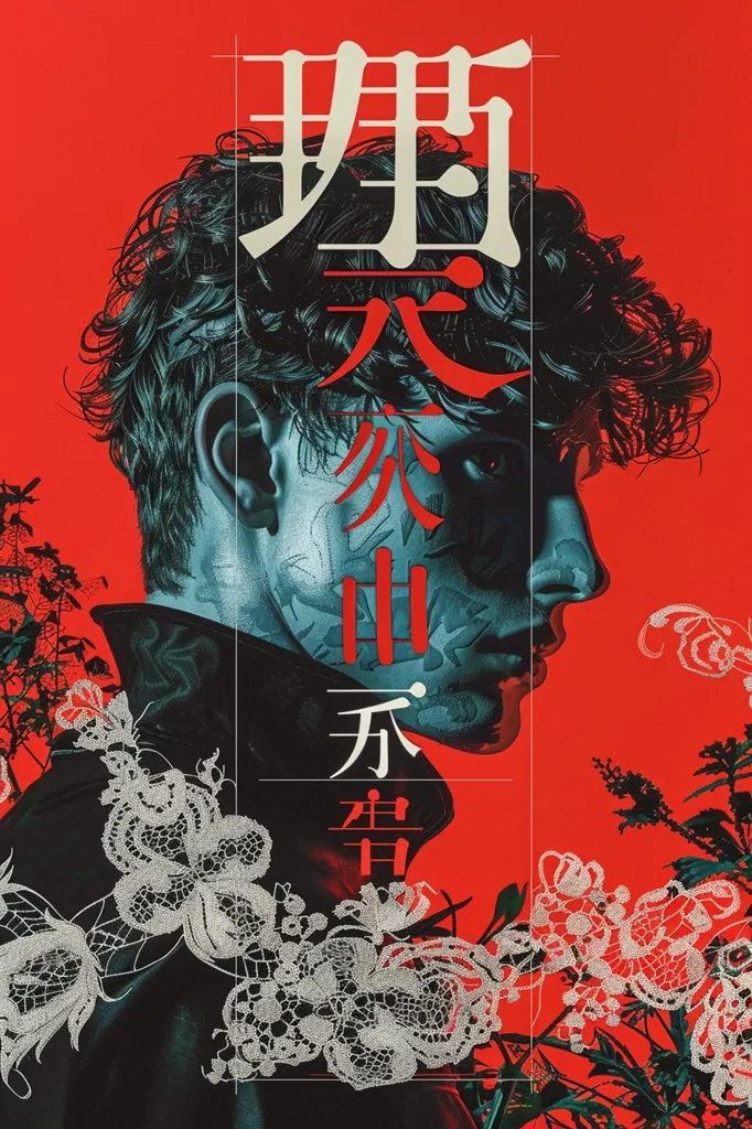 The image is a close-up of a man's face, depicted in a stylized, graphic art style. His face is partially obscured by his dark hair and a white lace pattern.  The background is a vibrant red, and the man's face is rendered in shades of blue and grey.  Chinese characters are superimposed on the image. The overall impression is dark, mysterious, and visually striking.