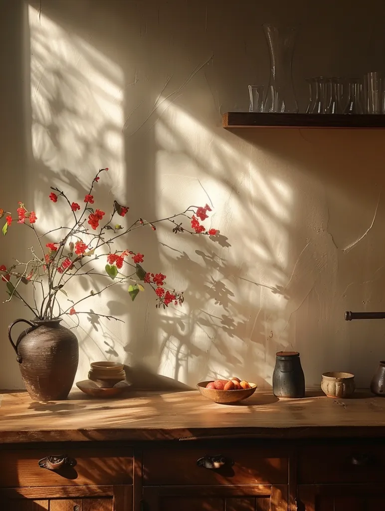 A rustic wooden table sits in front of a cream-colored wall, bathed in warm sunlight. A vase filled with blooming red flowers casts delicate shadows.  A bowl of fruit and ceramic containers rest on the table, adding pops of color against the woodgrain.  The sunlight illuminates the scene, creating a sense of peaceful tranquility.  Above the table, a shelf holds glassware, adding a touch of elegance.  The overall composition evokes a feeling of homey comfort and warmth.