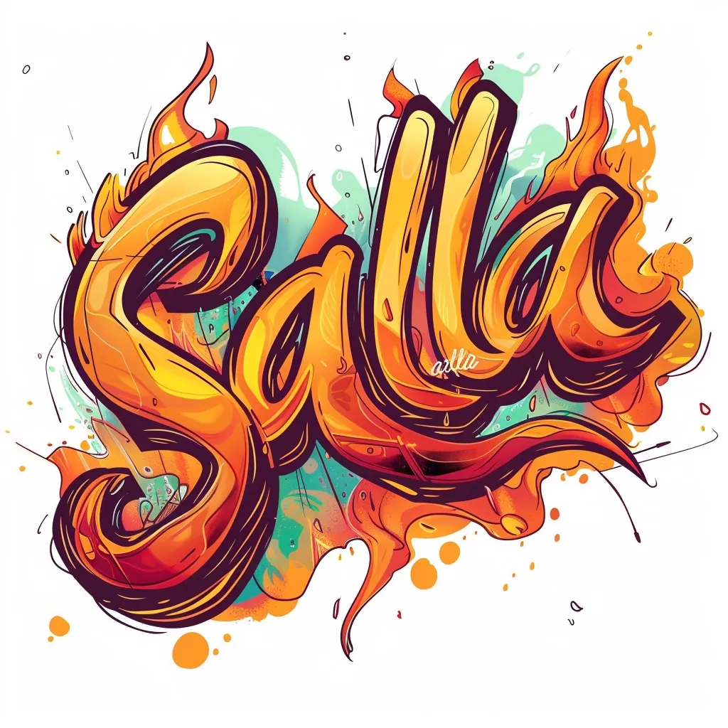 The image features a vibrant and dynamic graffiti-style word "Salsa" rendered in bold, flowing letters. The letters are filled with a fiery orange and yellow color scheme, evoking the heat and passion of the dance. The background is a colorful abstract pattern of splattered paint and splashes, creating a sense of energy and movement. The overall aesthetic is lively and energetic, capturing the spirit of salsa dancing.