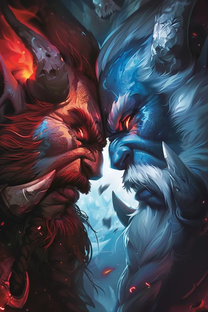 The image depicts a close-up confrontation between two imposing figures. A red, fiery beast with horns and a thick beard glares intensely at a blue, icy beast with a long white beard. Both figures have fierce expressions and seem poised for a battle, highlighting the contrast between fire and ice. The image's vibrant colors and dramatic composition create a sense of tension and impending conflict.