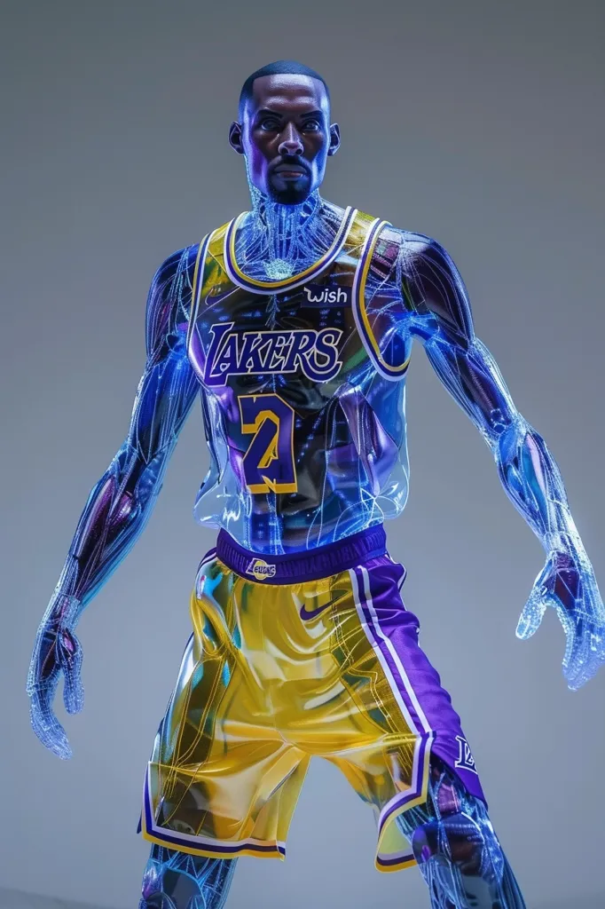 A basketball player, rendered in a digital style, wears a Los Angeles Lakers jersey and shorts. The player's body is depicted as a network of glowing blue lines, creating a futuristic and ethereal aesthetic. The jersey features the team's logo and the number 24, while the shorts are yellow with purple trim. The player's expression is serious, and the overall image conveys a sense of power and athleticism.