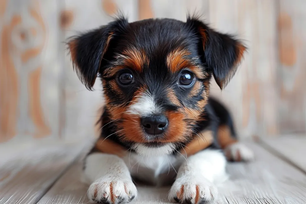 A small, tri-colored puppy with big brown eyes and a white patch on its chest is lying on a wooden floor, looking up with an adorable expression. Its black, brown, and white fur is soft and fluffy. The puppy is small and cute, with a playful look on its face.  The puppy's paws are resting on the floor. The background is a blurry wooden surface.  The puppy is the main focus of the image, and it is clear that it is a young and healthy animal.