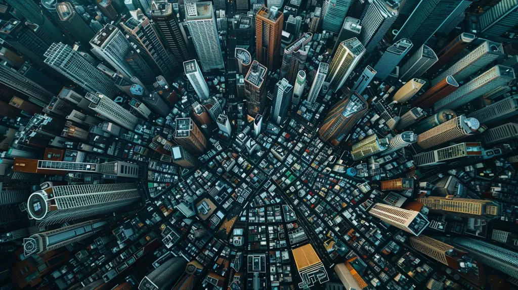 The image captures a breathtaking aerial view of a bustling city.  Towering skyscrapers, varying in height and style, dominate the landscape.  The cityscape is a complex network of interconnected streets and buildings, showcasing the dense and intricate urban environment. The photograph's perspective allows viewers to appreciate the scale and grandeur of the city's architecture and infrastructure. The image is a mesmerizing testament to the dynamism and complexity of modern urban life.
