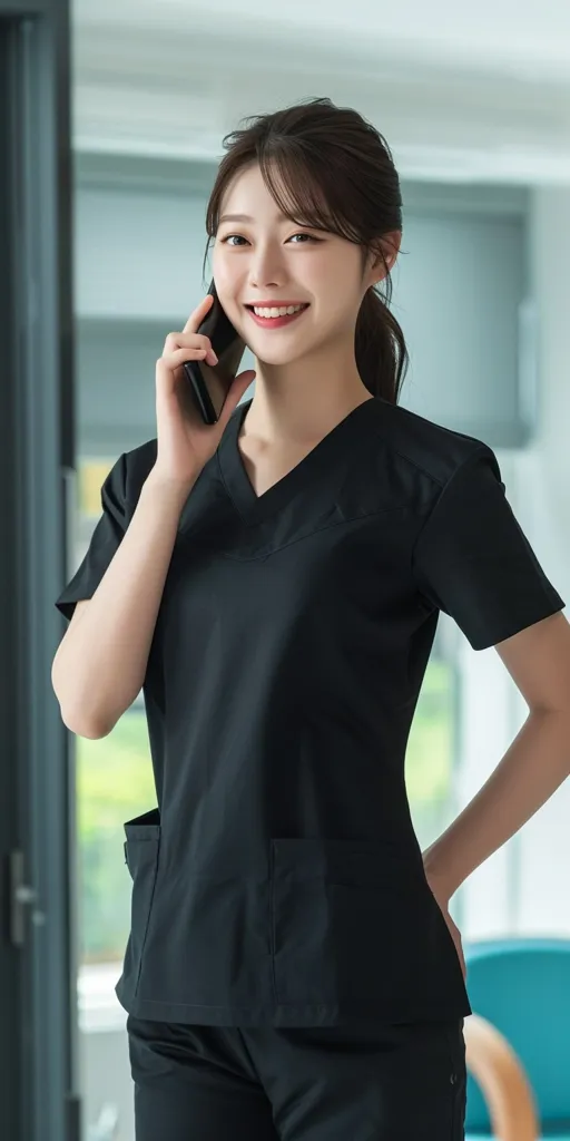 A young woman with long dark hair is wearing a black v-neck scrubs top. She is smiling and talking on a black smartphone. She is standing in a bright, modern setting, with a glass door and a teal chair in the background. Her posture is relaxed and confident.