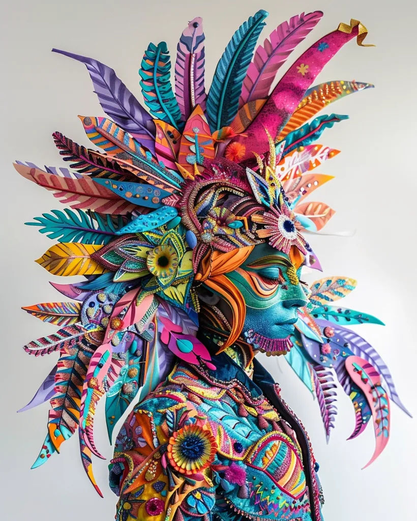 A person is adorned in a stunning, vibrant costume. The headpiece is a masterpiece of layered feathers in shades of turquoise, purple, pink, and orange, adorned with glittering embellishments. The body is similarly decorated, with colorful flowers and intricate patterns that cascade down the torso. The overall effect is one of dazzling beauty and artistry.